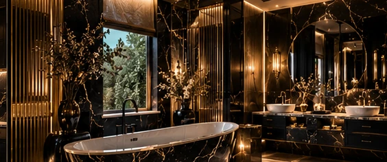 Design concept showing a freestanding bath and dramatic black marble